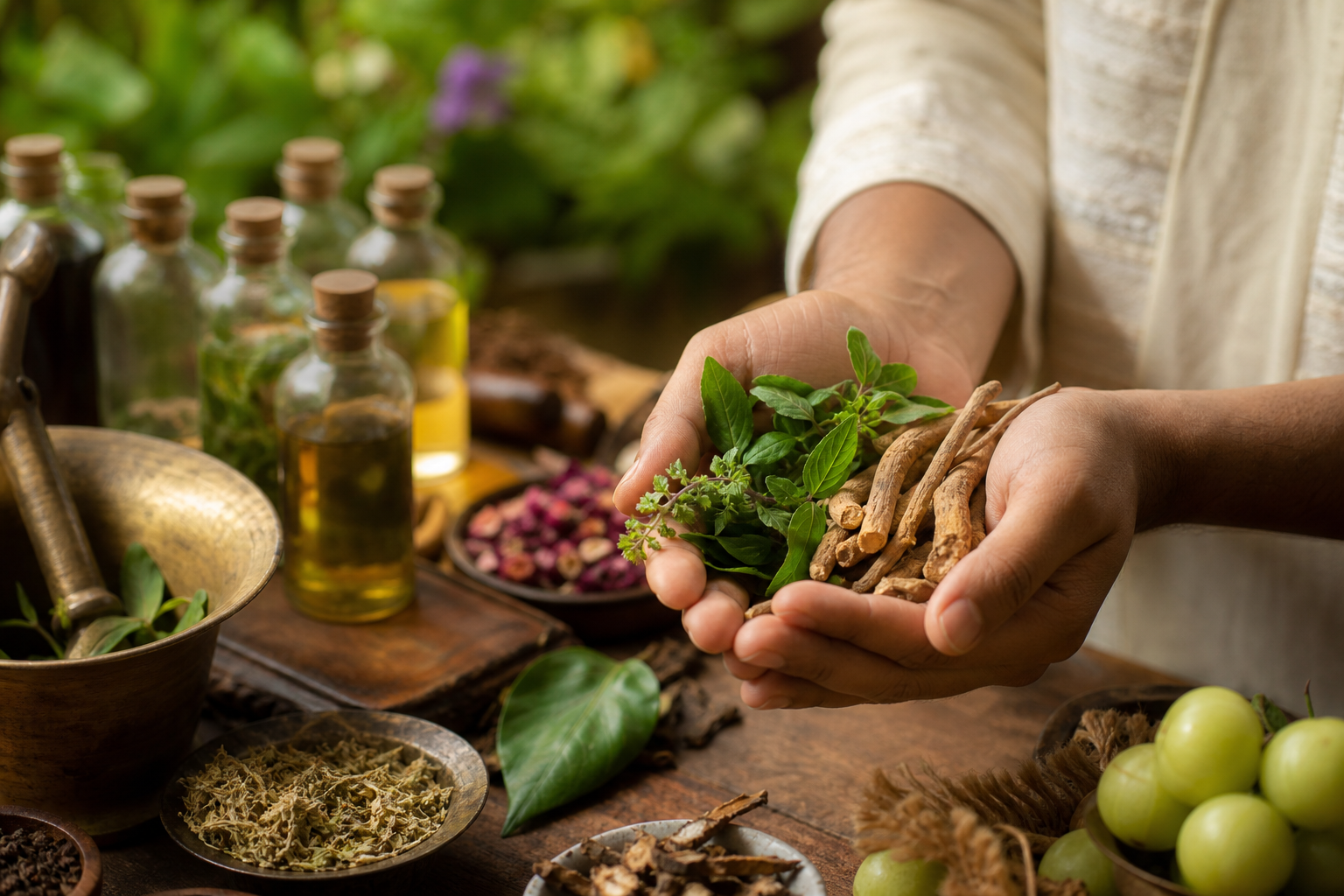 Hands holding fresh Ayurvedic herbs and roots with herbal extract bottles