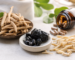 Ashwagandha roots, shilajit resin and herbal capsules