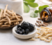 Ashwagandha roots, shilajit resin and herbal capsules