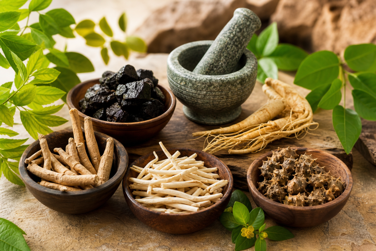 Ayurvedic vitality herbs in wooden bowls with mortar
