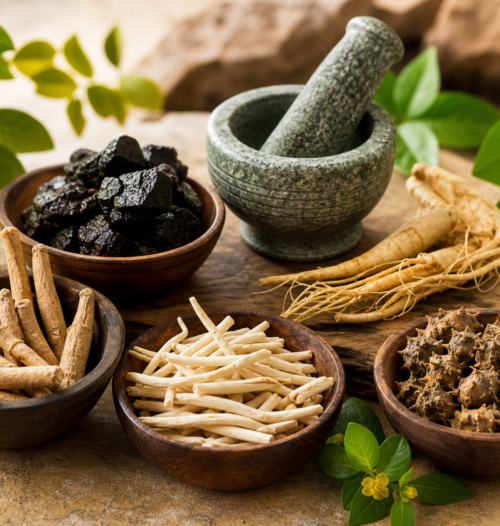 Ayurvedic vitality herbs in wooden bowls with mortar