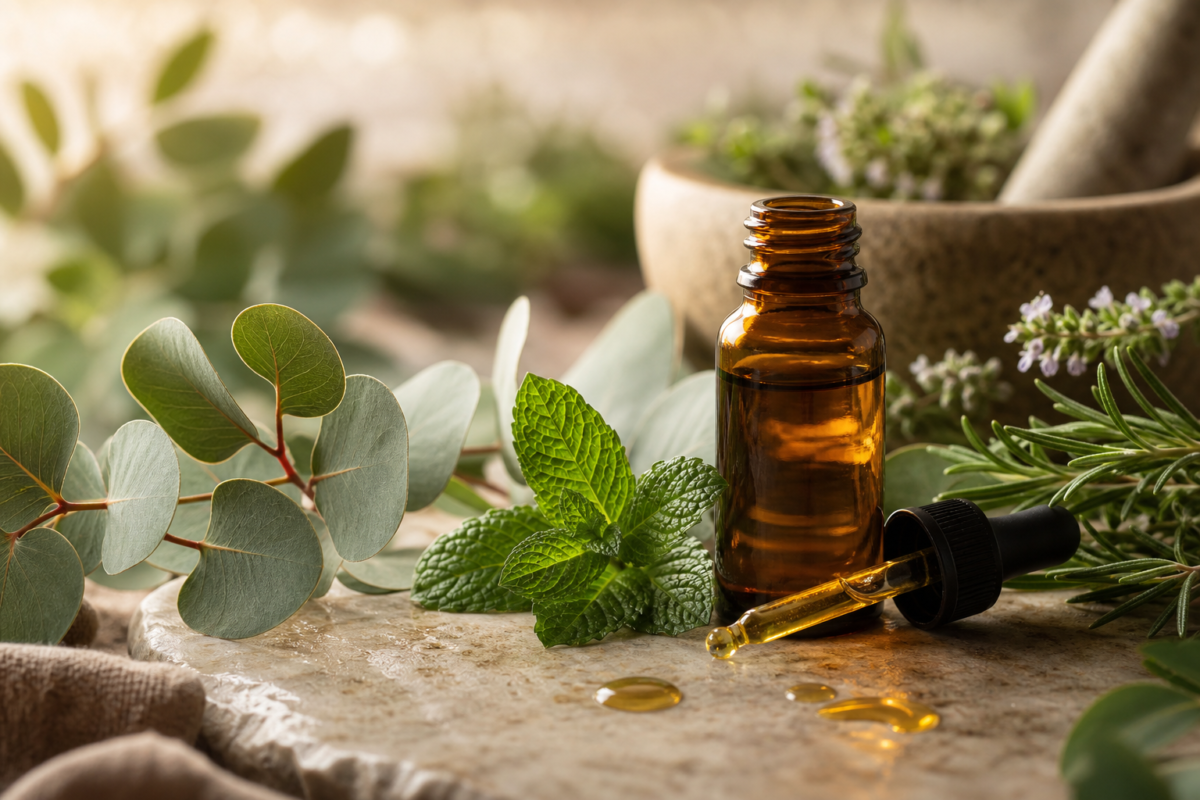 Amber bottle of herbal pain relief oil with herbs