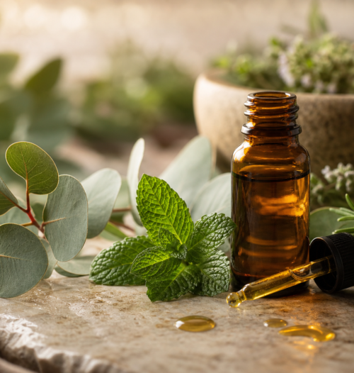 Amber bottle of herbal pain relief oil with herbs