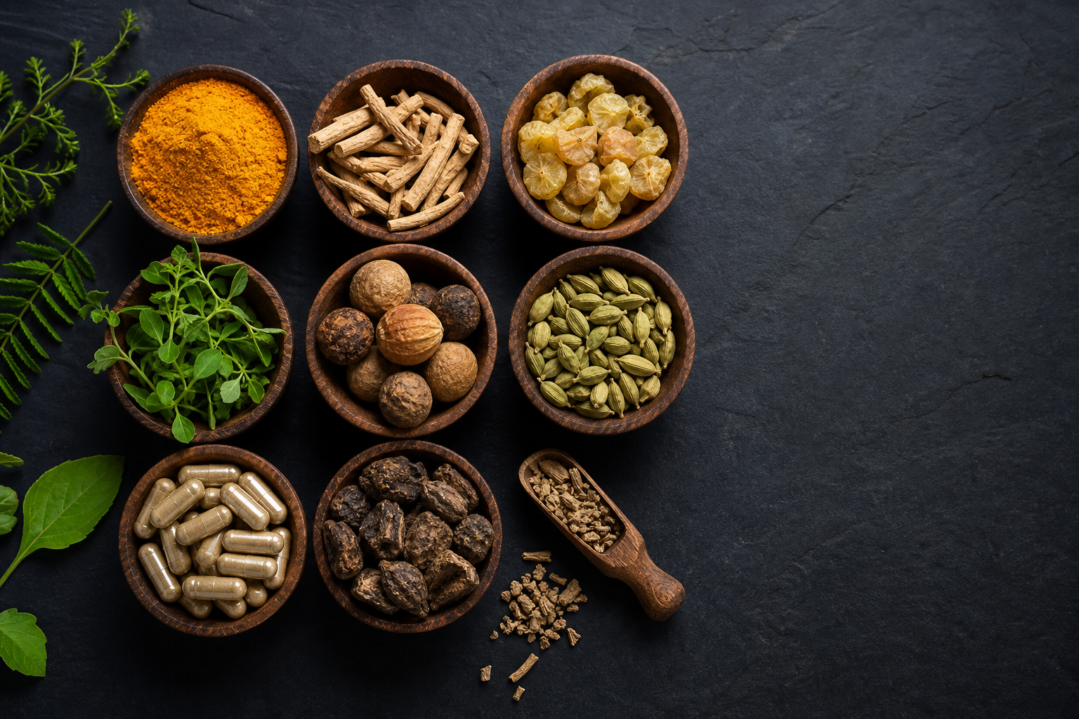 Assorted Ayurvedic raw ingredients in bowls