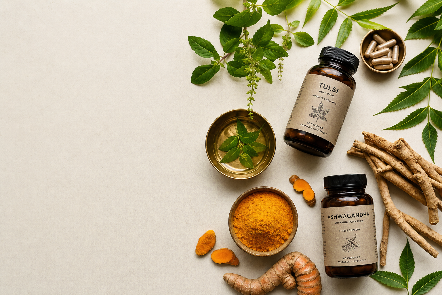 Ayurvedic herbal products and ingredients flat lay