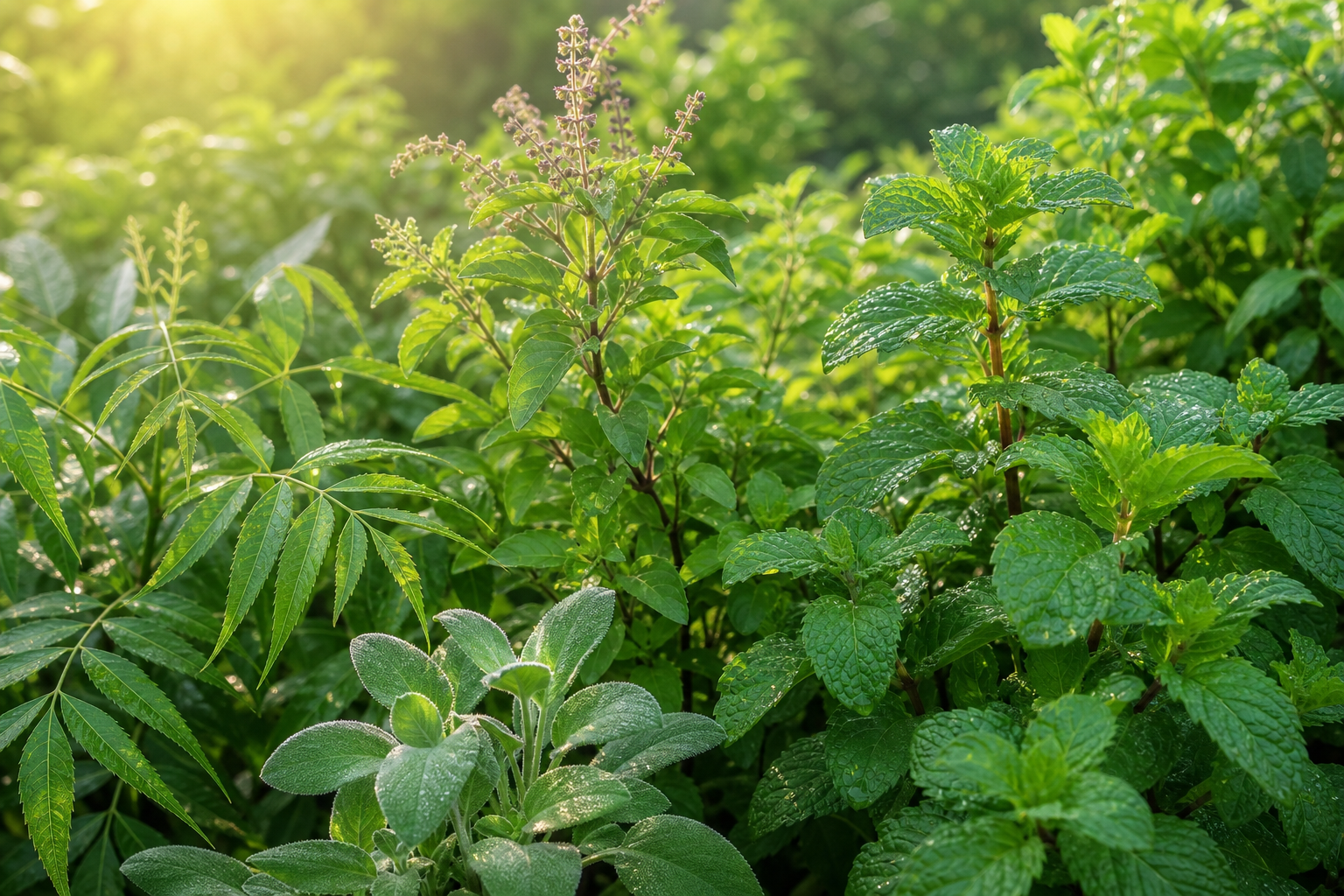 Lush green Ayurvedic medicinal plants