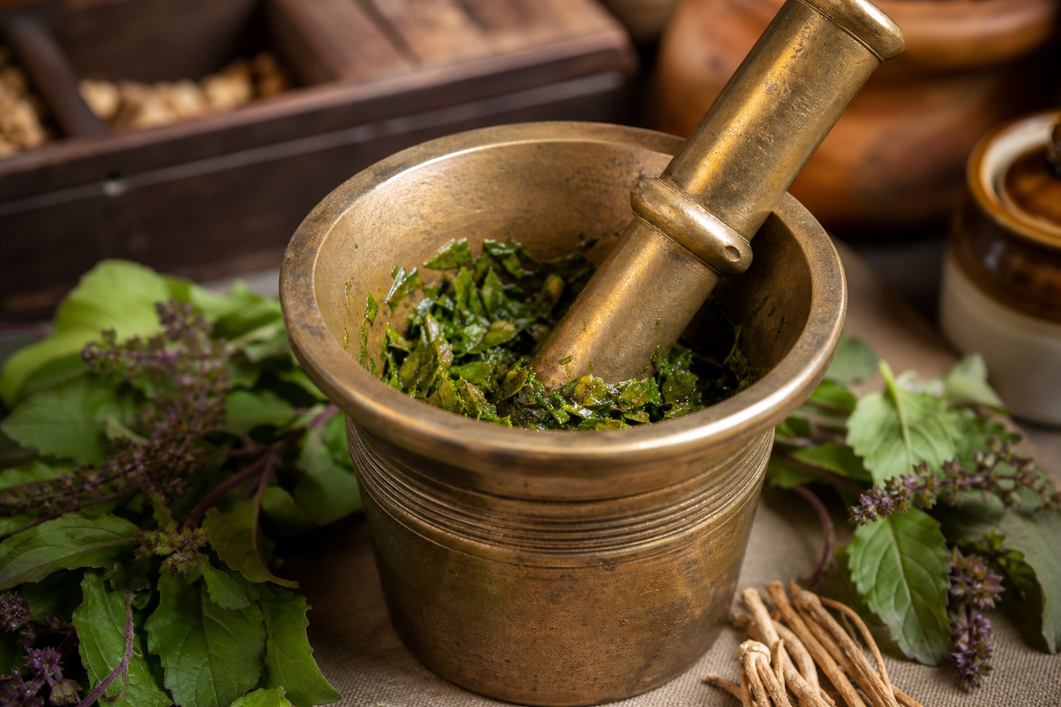 Brass mortar and pestle grinding fresh herbs