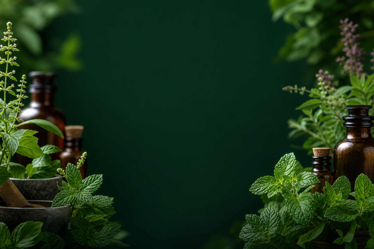 Ayurvedic herbs and medicine bottles on a dark green background